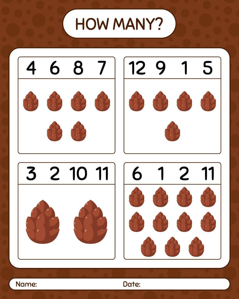 How many counting game with pine cone. worksheet for preschool kids, kids activity sheet vector