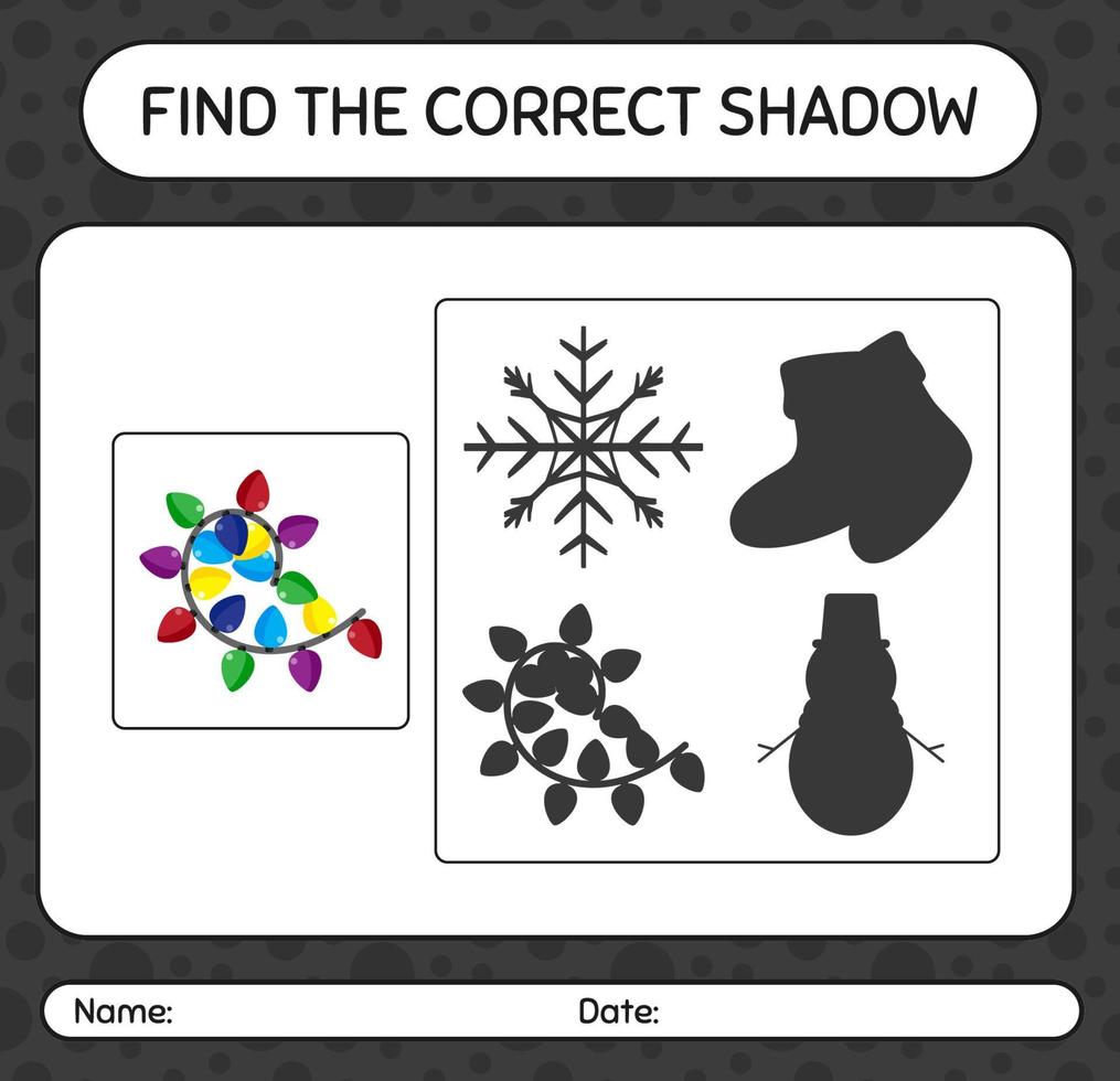 Find the correct shadows game with string light. worksheet for preschool kids, kids activity sheet vector
