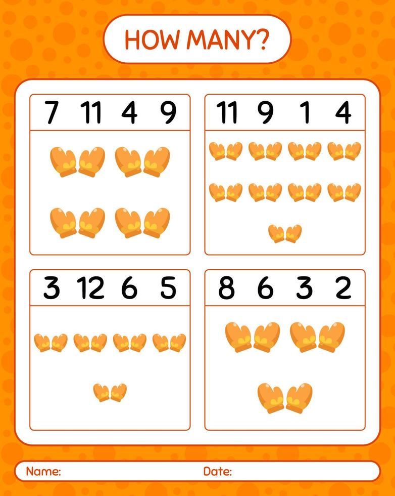 How many counting game with glove. worksheet for preschool kids, kids activity sheet vector
