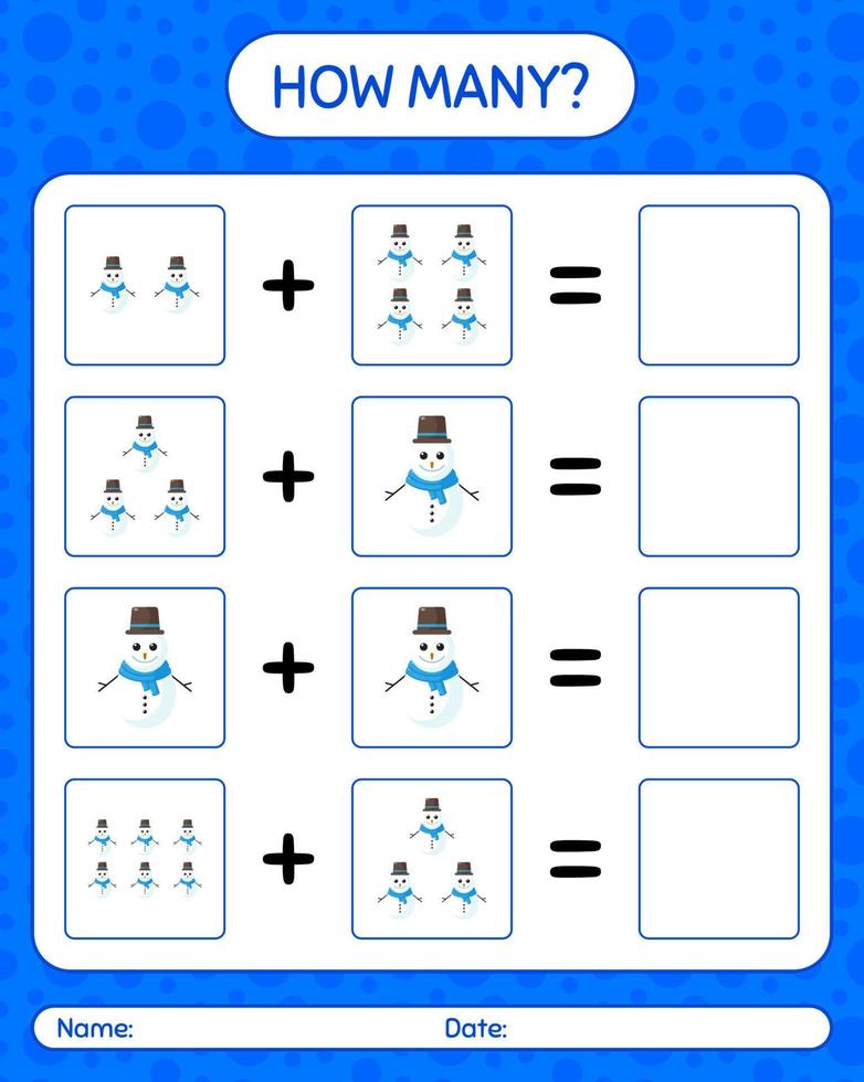 How many counting game with snowman. worksheet for preschool kids, kids activity sheet vector