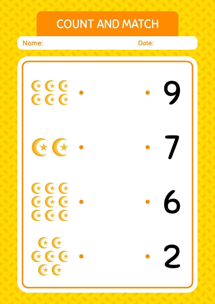 Count and match game with moon and star. worksheet for preschool kids, kids activity sheet vector