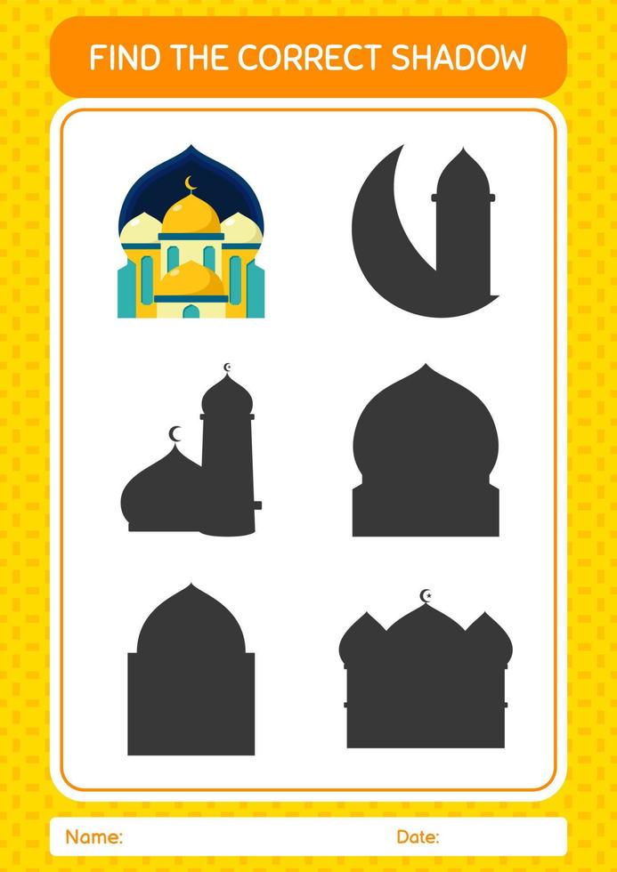 Find the correct shadows game with mosque. worksheet for preschool kids, kids activity sheet vector