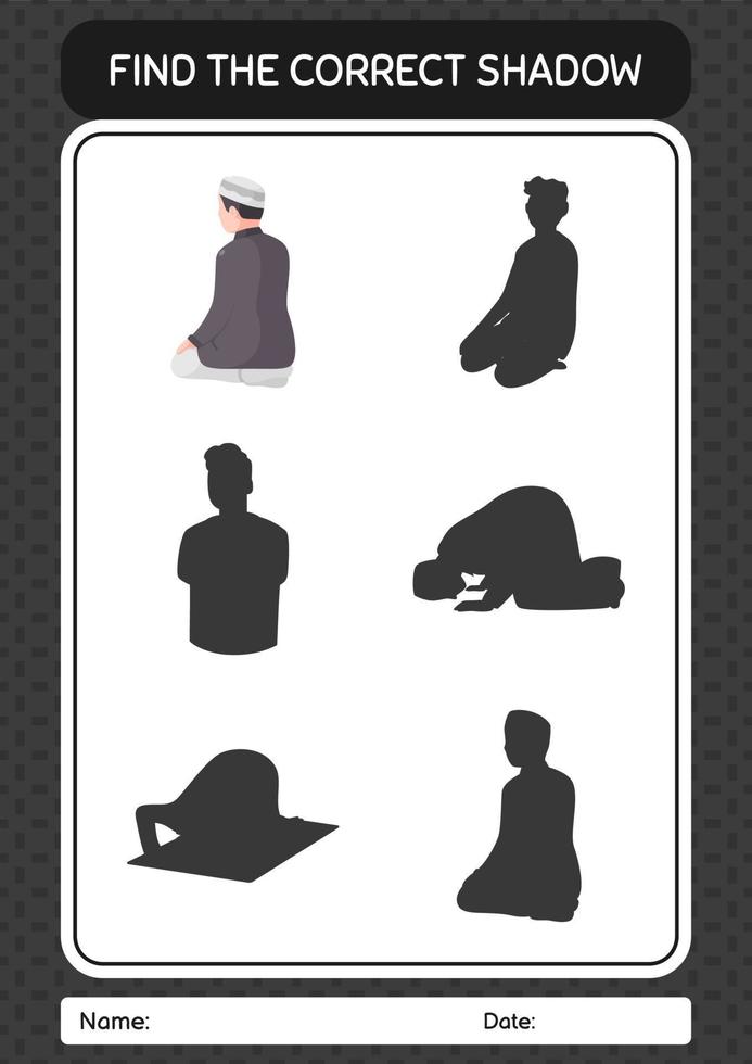 Find the correct shadows game with praying. worksheet for preschool kids, kids activity sheet vector