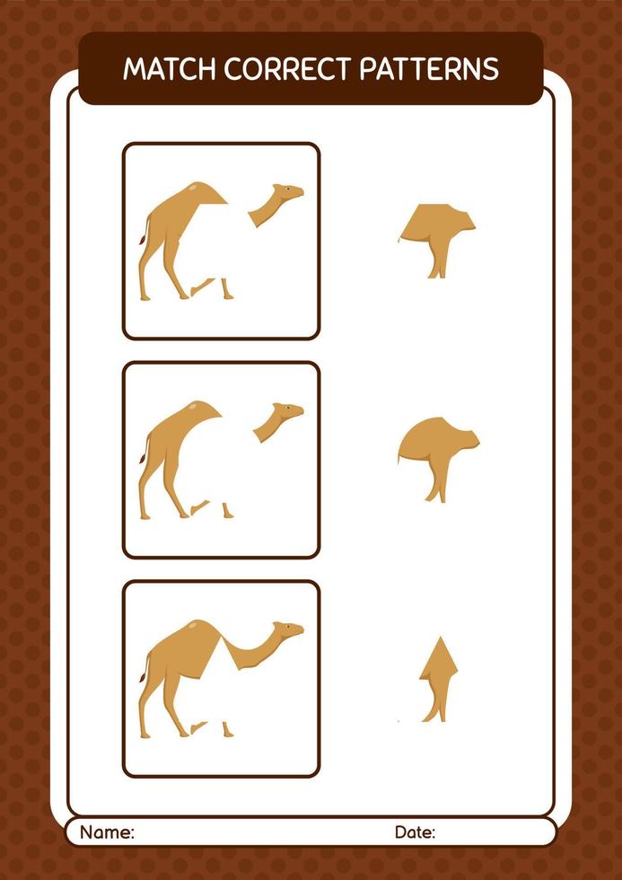 Match pattern game with camel. worksheet for preschool kids, kids activity sheet vector