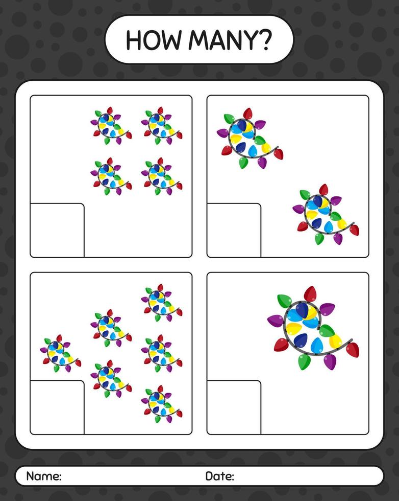 How many counting game with string light. worksheet for preschool kids, kids activity sheet vector