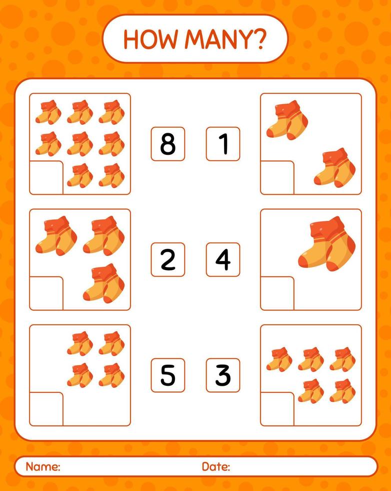 How many counting game with sock. worksheet for preschool kids, kids activity sheet vector