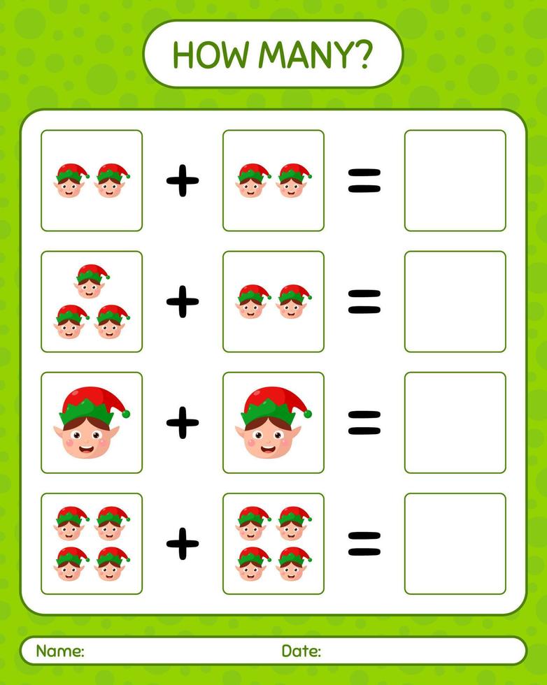 How many counting game with elf. worksheet for preschool kids, kids activity sheet vector