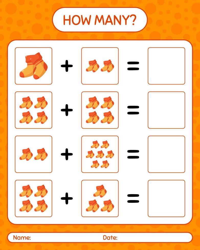 How many counting game with sock. worksheet for preschool kids, kids activity sheet vector