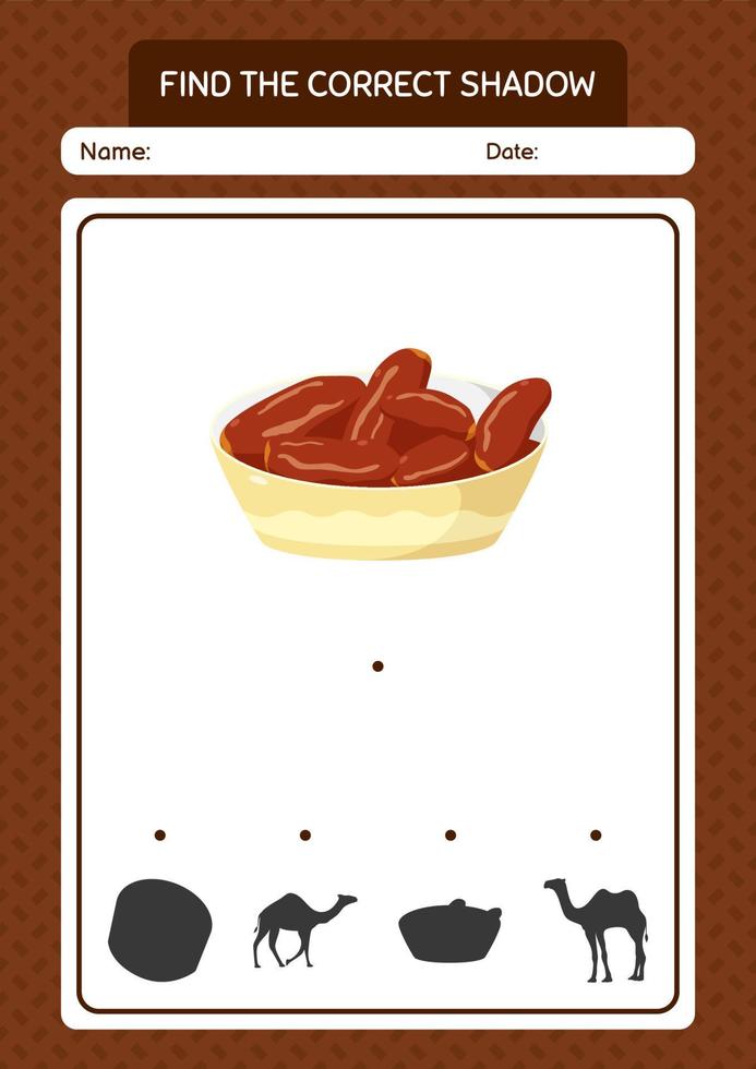 Find the correct shadows game with bowl of dates. worksheet for preschool kids, kids activity sheet vector