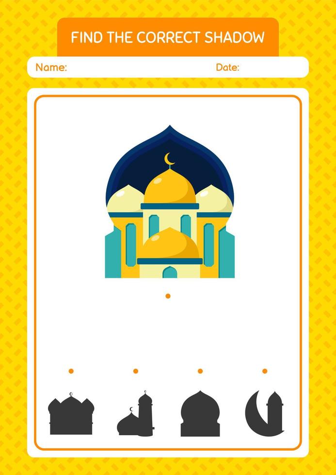 Find the correct shadows game with mosque. worksheet for preschool kids, kids activity sheet vector