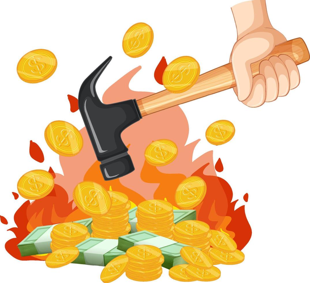 Money burning with hammer vector