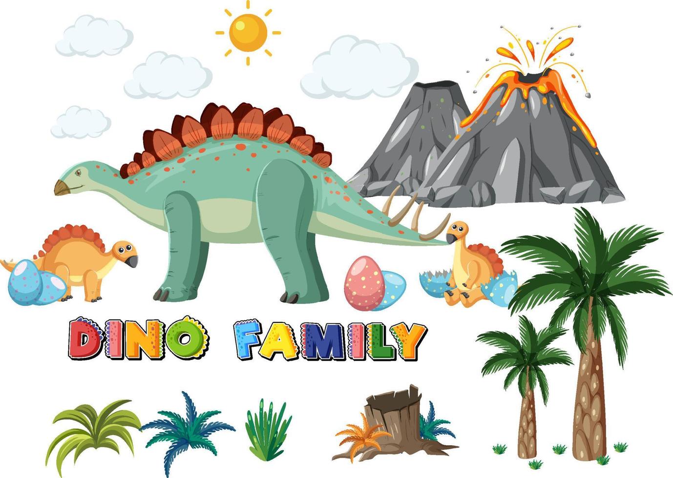 Dinosaur family with forest objects vector