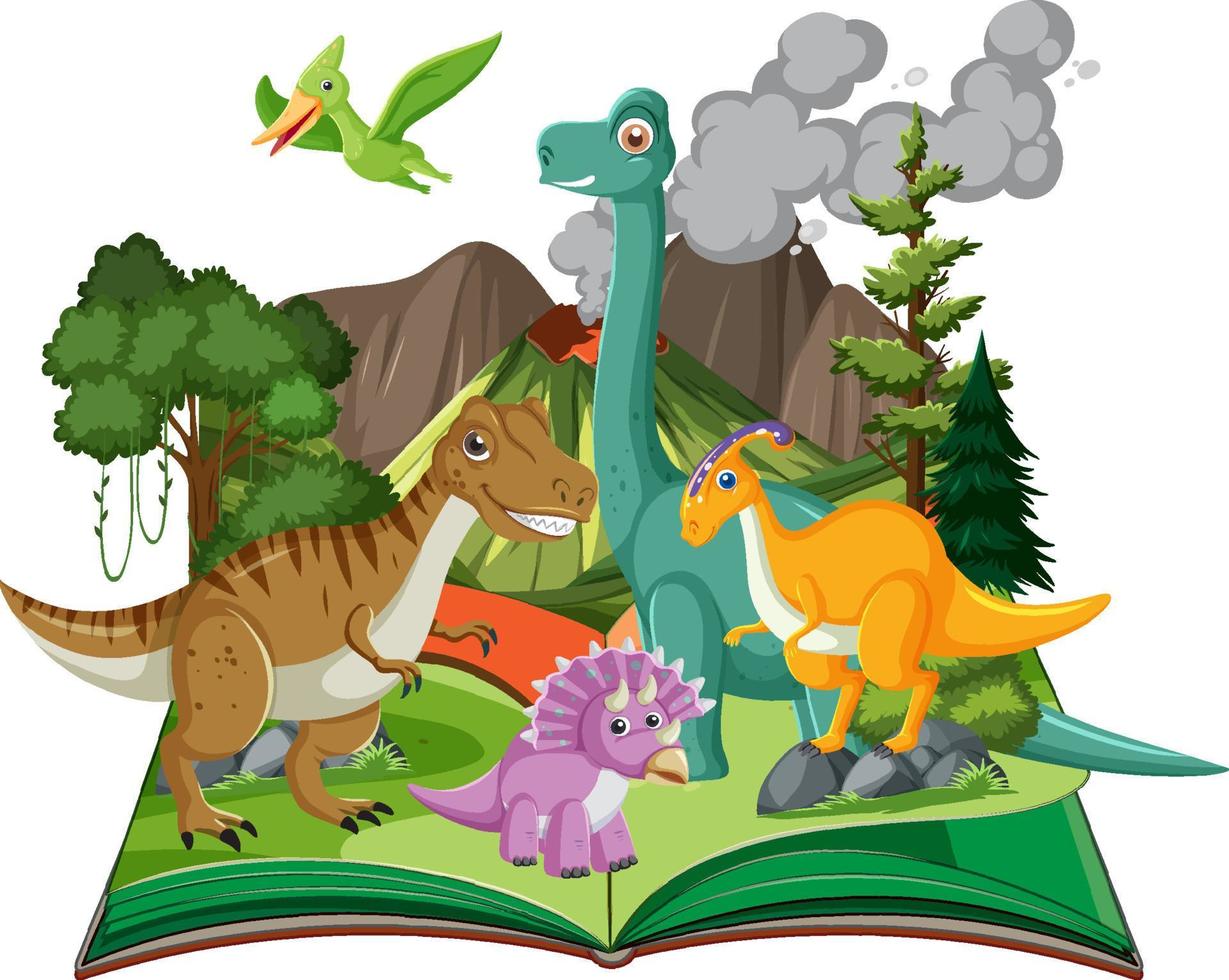 libro abierto con dinosaurio en la escena del bosque prehistórico vector