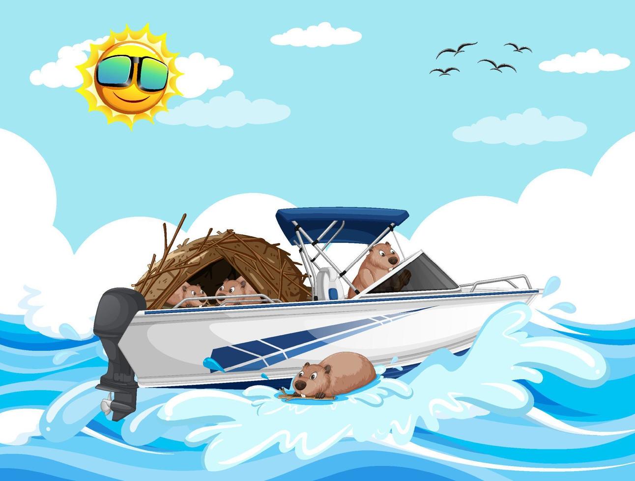 Ocean scene with group of beavers on speedboat vector