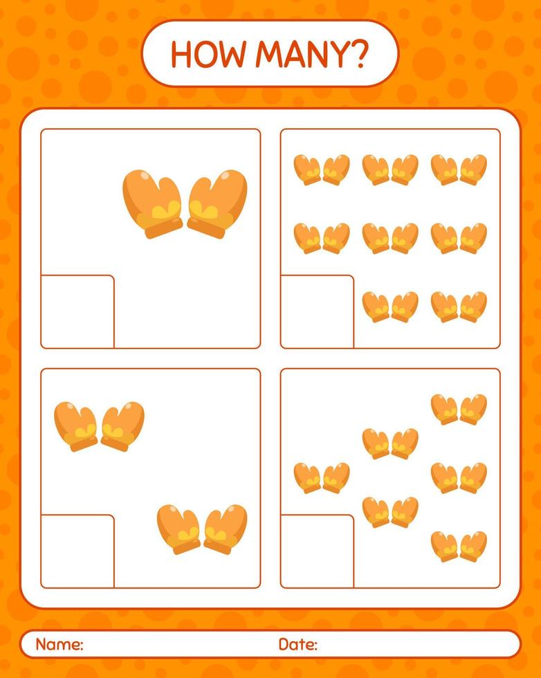 How many counting game with glove. worksheet for preschool kids, kids activity sheet vector