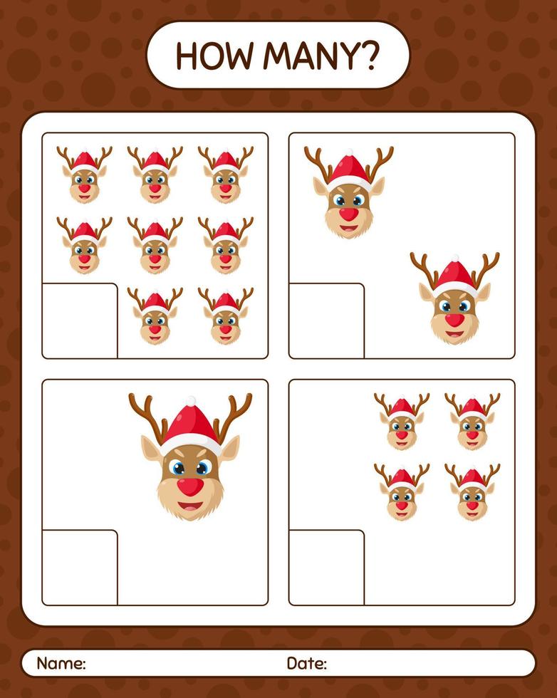 How many counting game with reindeer. worksheet for preschool kids, kids activity sheet vector