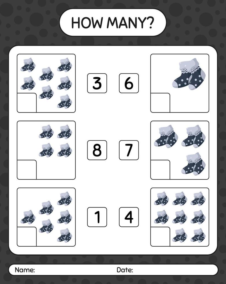 How many counting game with sock. worksheet for preschool kids, kids activity sheet vector