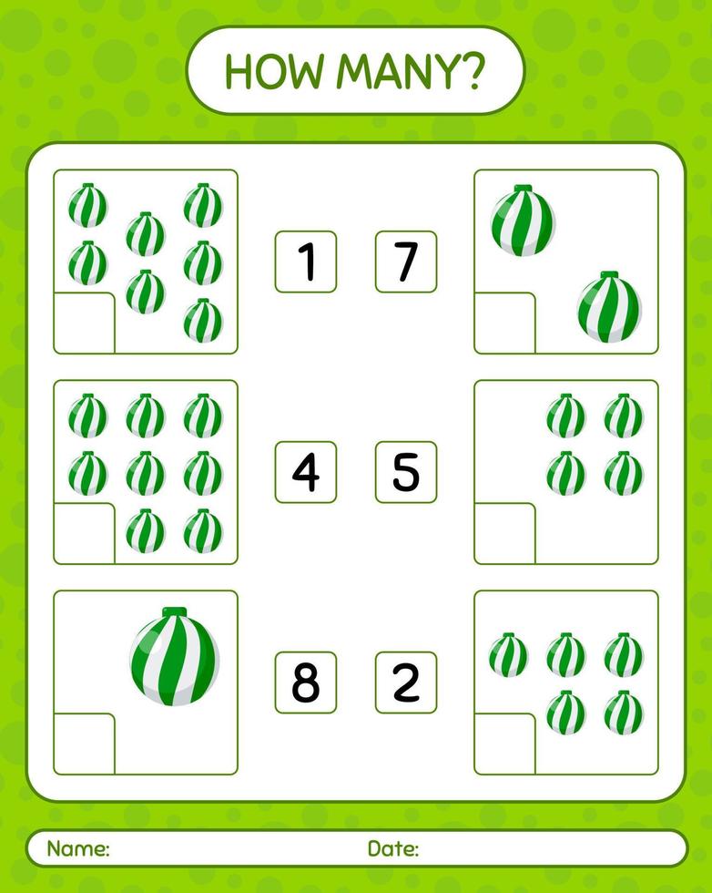How many counting game with christmas ornament. worksheet for preschool kids, kids activity sheet vector