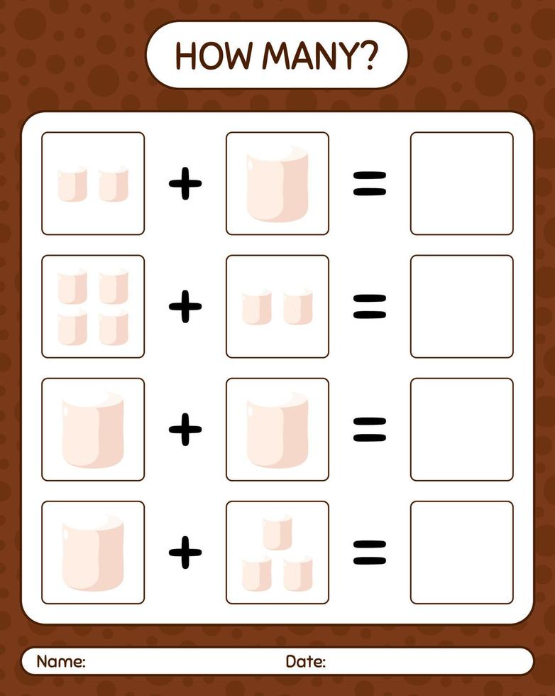 How many counting game with marshmallow. worksheet for preschool kids, kids activity sheet vector