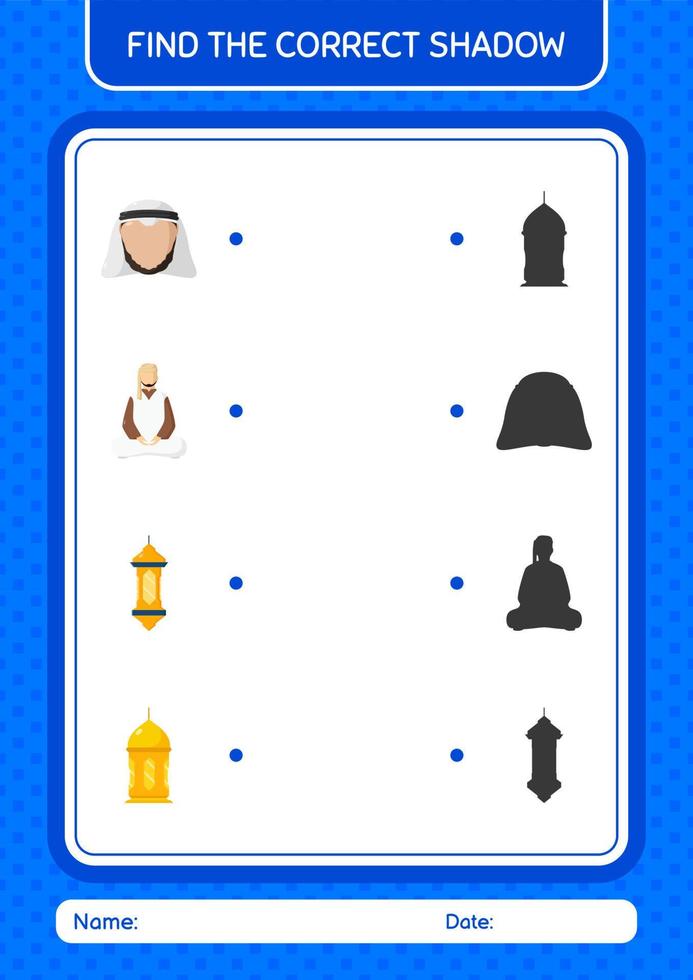 Find the correct shadows game with ramadan icon. worksheet for preschool kids, kids activity sheet vector