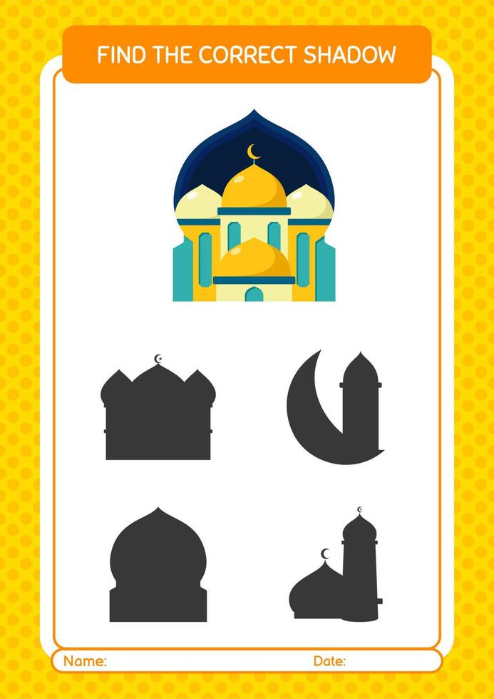 Find the correct shadows game with mosque. worksheet for preschool kids, kids activity sheet vector