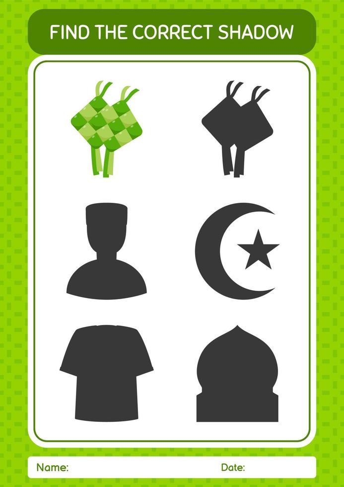 Find the correct shadows game with ketupat. worksheet for preschool kids, kids activity sheet vector