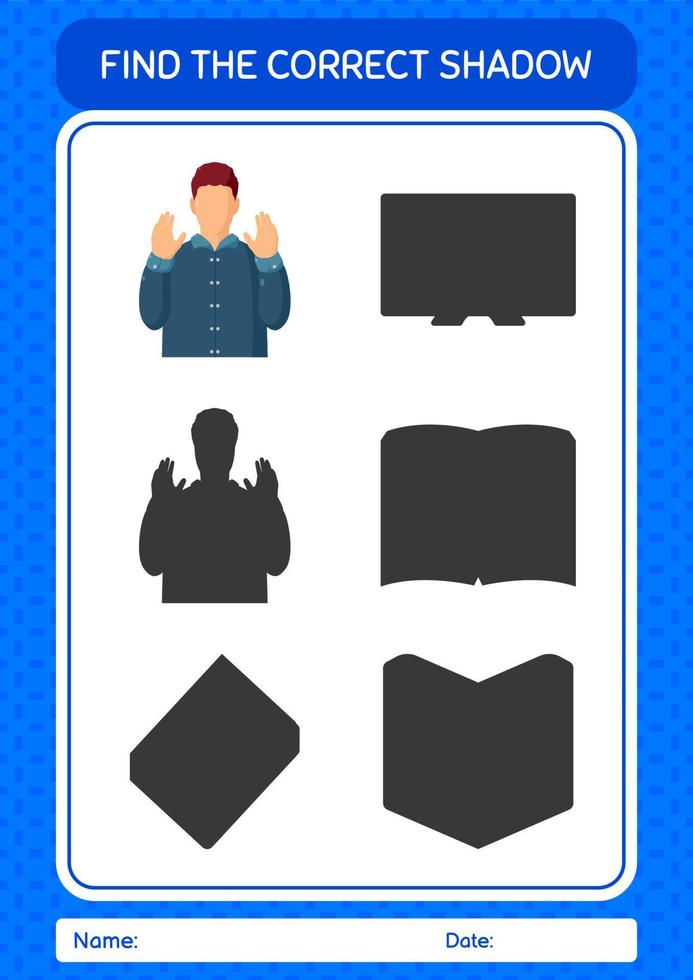 Find the correct shadows game with praying. worksheet for preschool kids, kids activity sheet vector