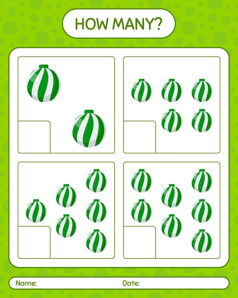How many counting game with christmas ornament. worksheet for preschool kids, kids activity sheet vector