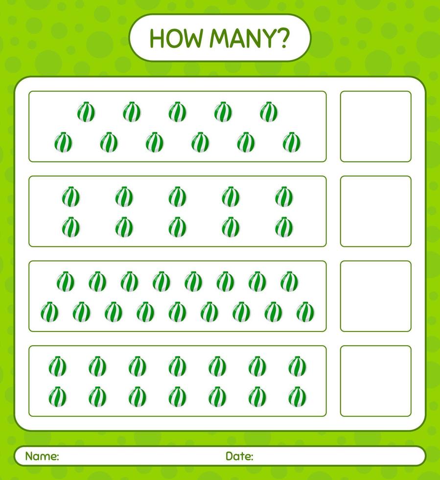 How many counting game with christmas ornament. worksheet for preschool kids, kids activity sheet vector