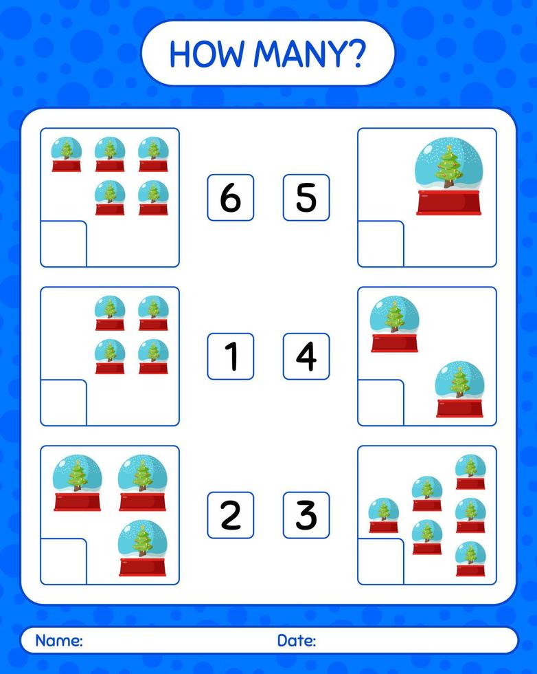 How many counting game with glass snow ball. worksheet for preschool kids, kids activity sheet vector