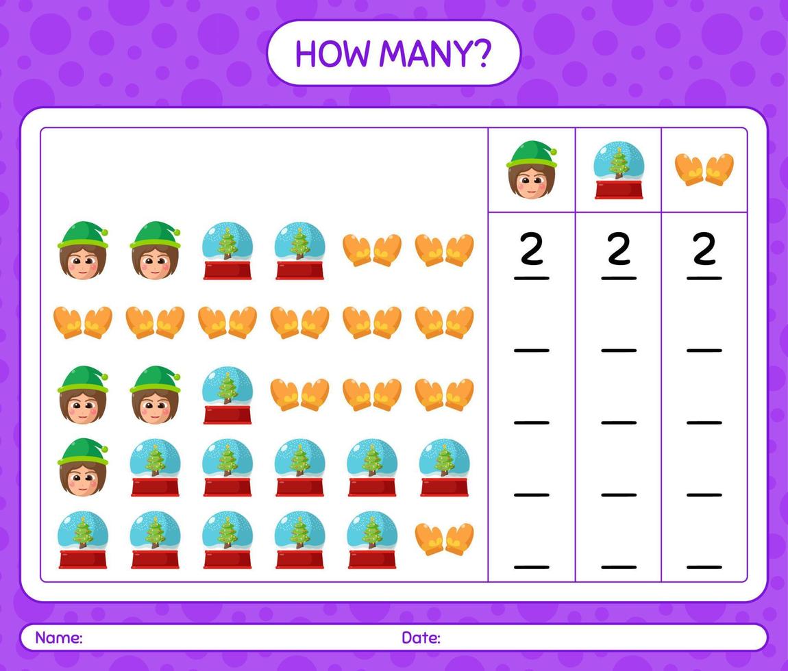 How many counting game with christmas icon. worksheet for preschool kids, kids activity sheet vector