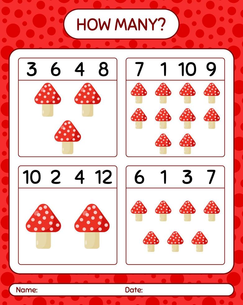 How many counting game with mushroom. worksheet for preschool kids, kids activity sheet vector