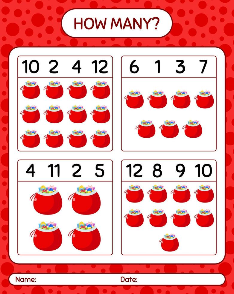 How many counting game with santa's bag. worksheet for preschool kids, kids activity sheet vector