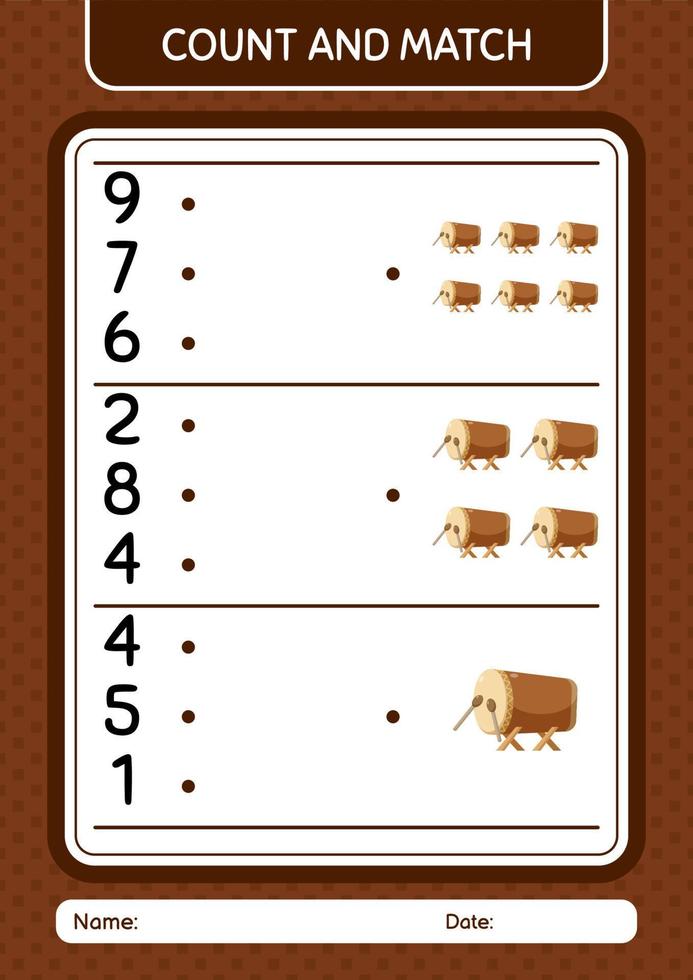 Count and match game with bedug drum. worksheet for preschool kids, kids activity sheet vector