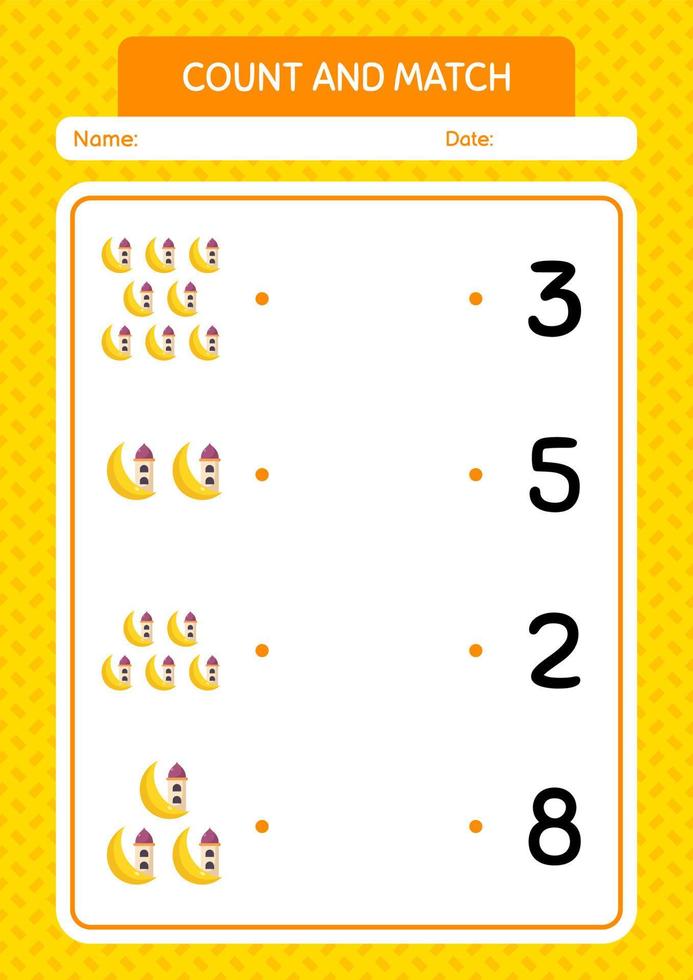 Count and match game with mosque. worksheet for preschool kids, kids activity sheet vector