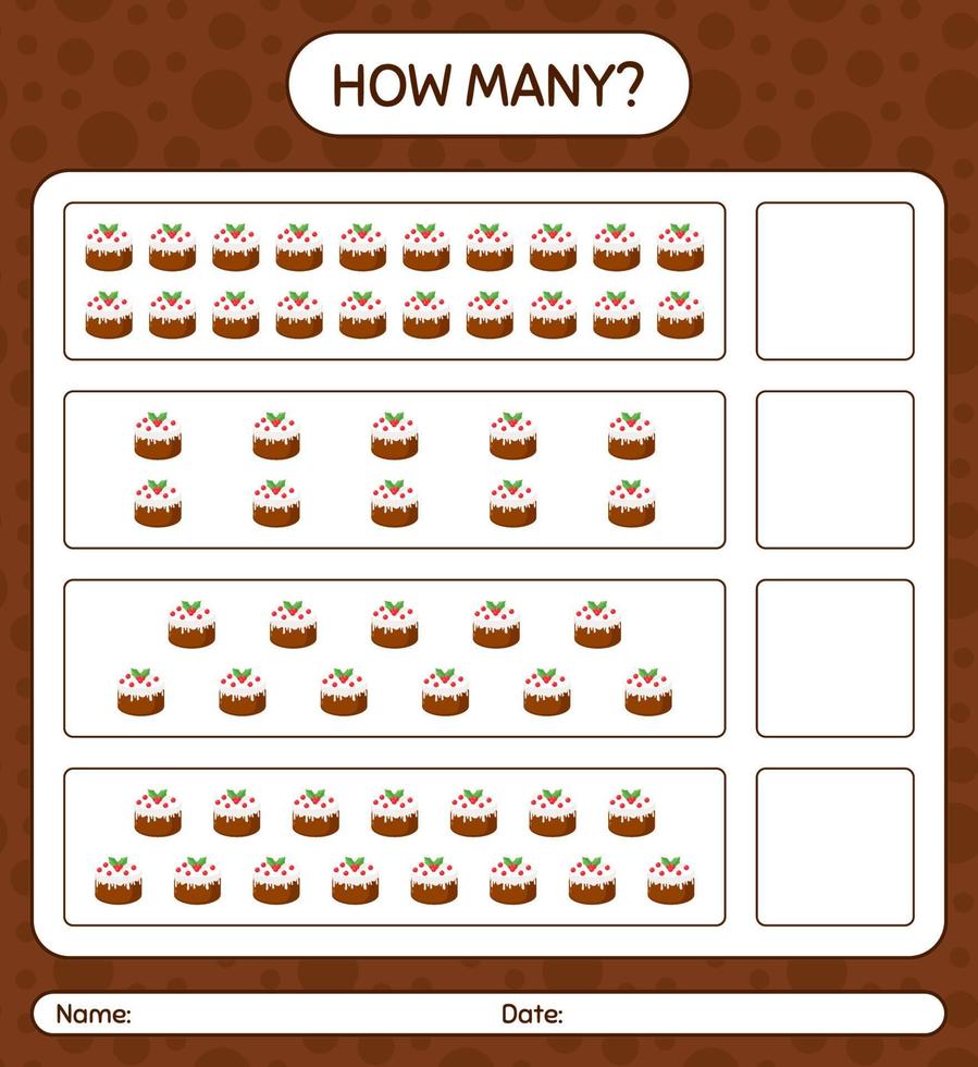 How many counting game with christmas cake. worksheet for preschool kids, kids activity sheet vector