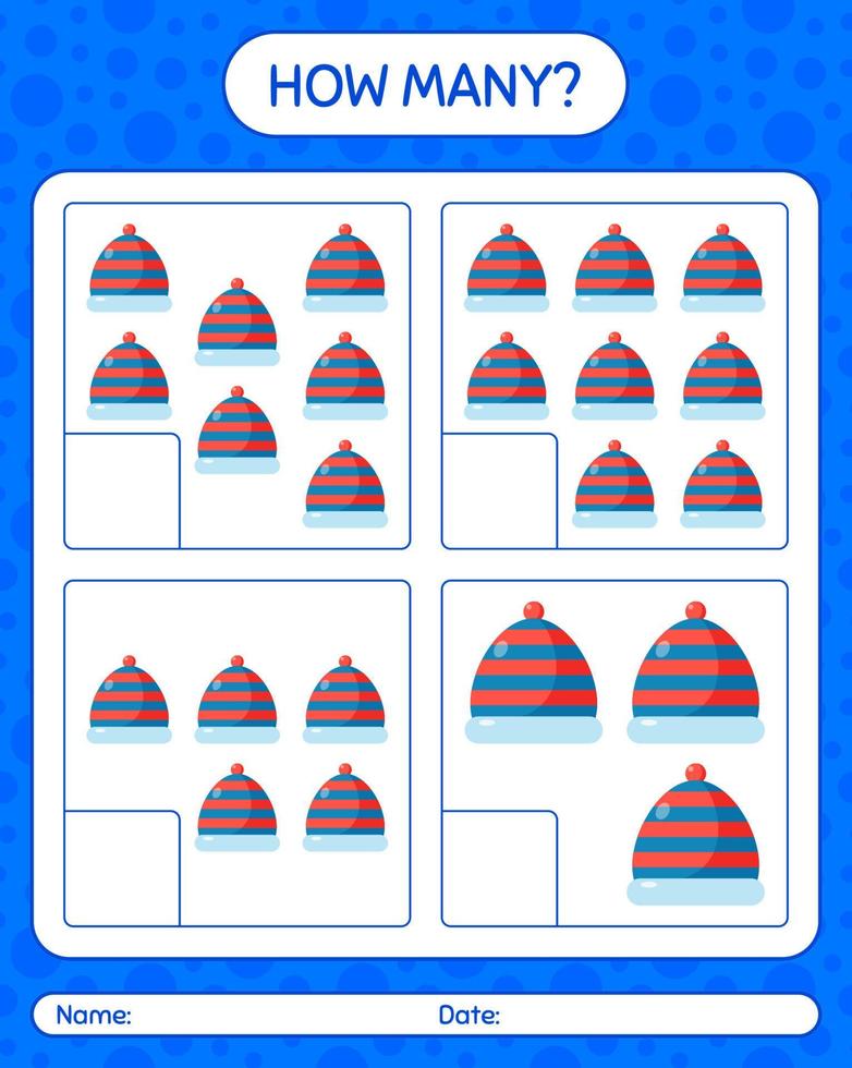 How many counting game with beanie. worksheet for preschool kids, kids activity sheet vector