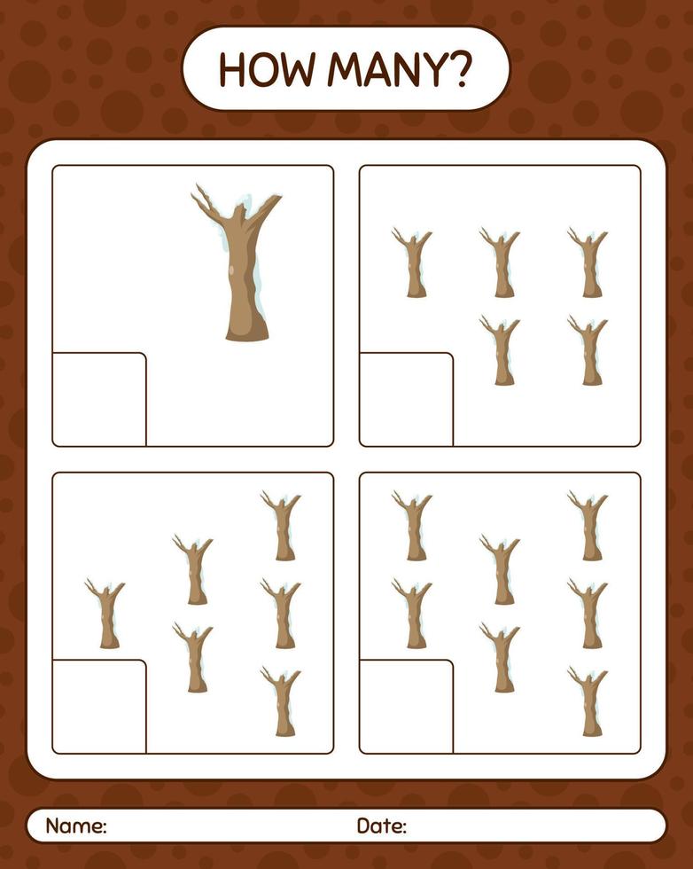 How many counting game with dead tree. worksheet for preschool kids, kids activity sheet vector