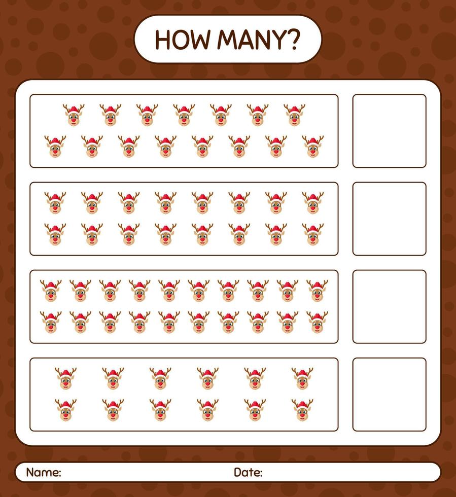 How many counting game with reindeer. worksheet for preschool kids, kids activity sheet vector