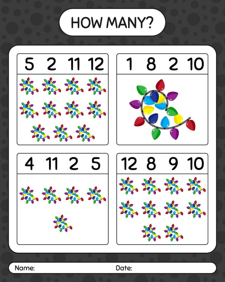 How many counting game with string light. worksheet for preschool kids, kids activity sheet vector