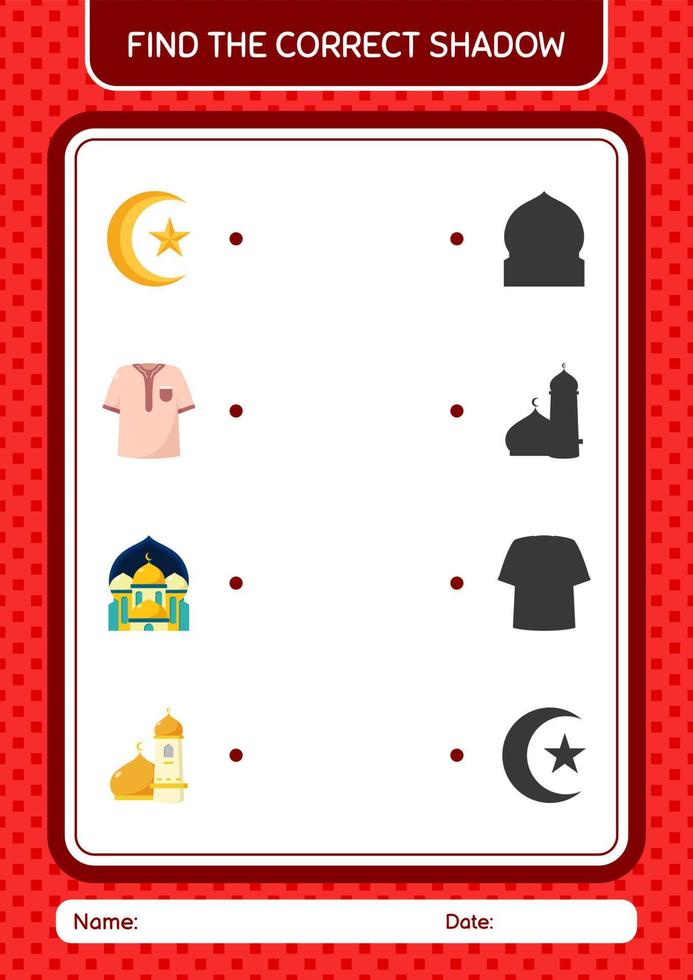 encuentra el juego de sombras correcto con el icono de ramadán. hoja de trabajo para niños en edad preescolar, hoja de actividades para niños vector