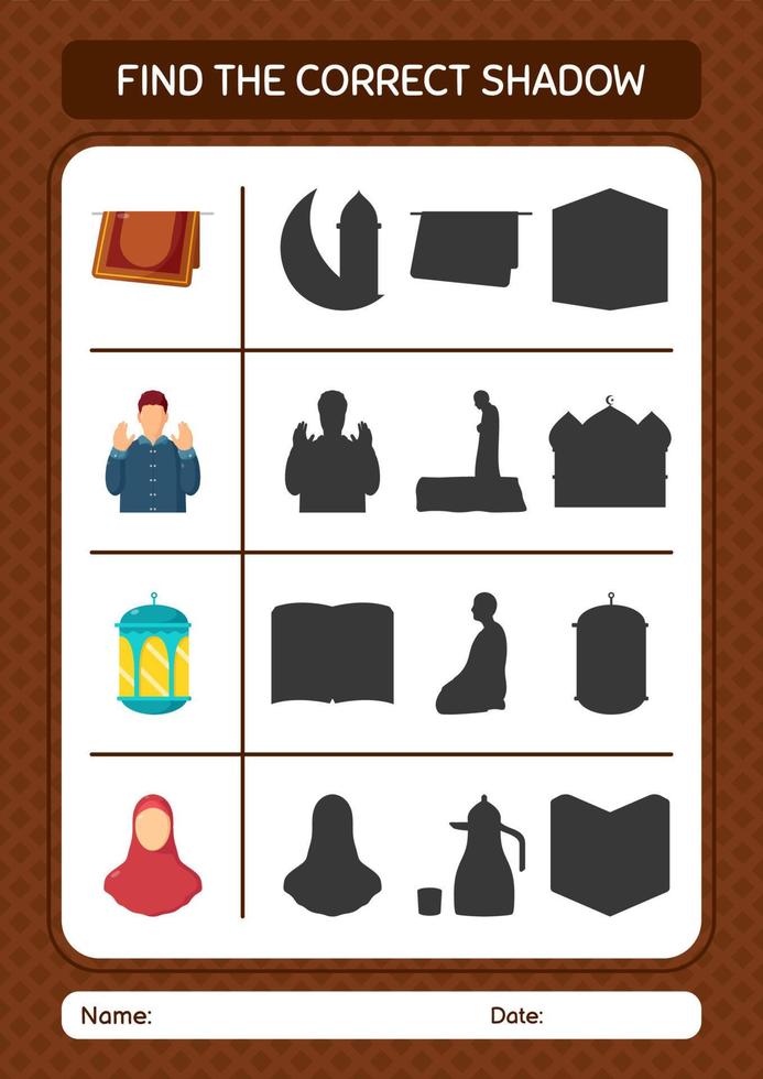 Find the correct shadows game with ramadan icon. worksheet for preschool kids, kids activity sheet vector