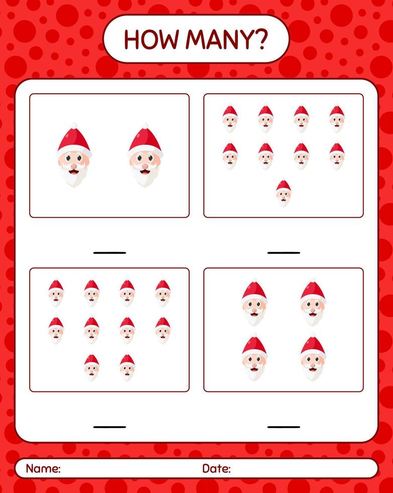 cuantos juego de conteo con santa claus. hoja de trabajo para niños en edad preescolar, hoja de actividades para niños vector