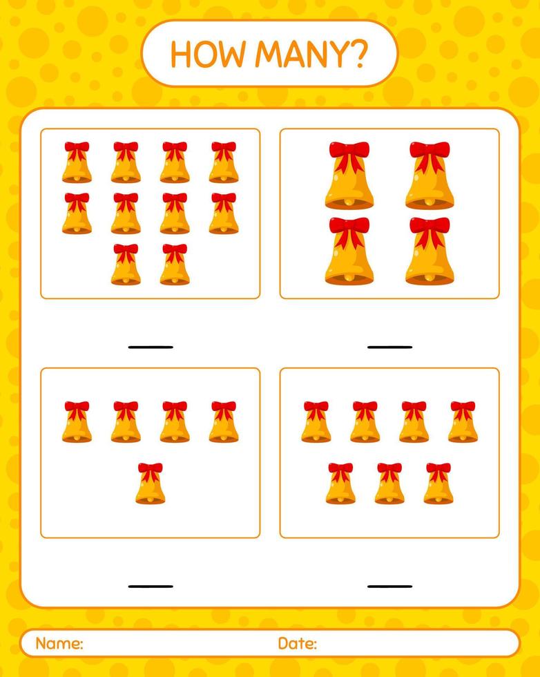 How many counting game with bell. worksheet for preschool kids, kids activity sheet vector