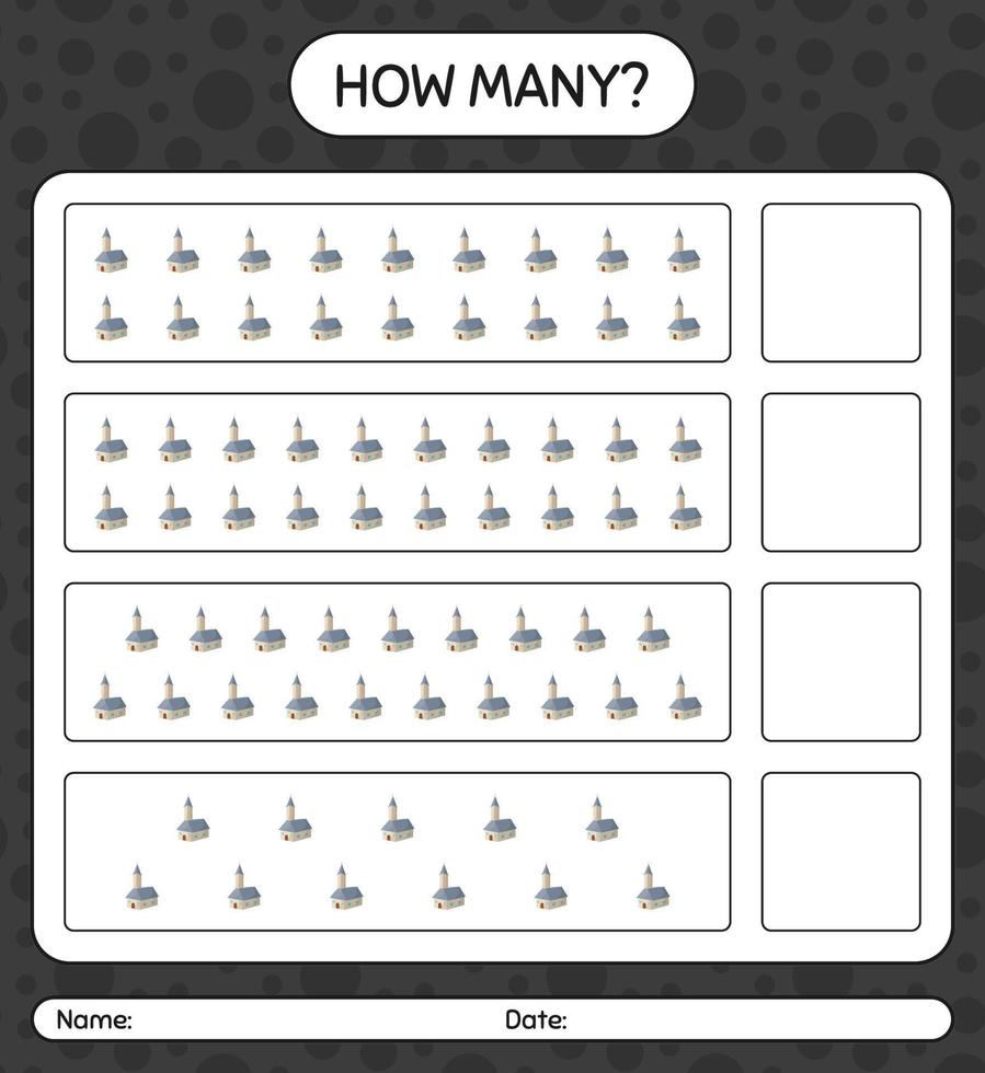 How many counting game with church. worksheet for preschool kids, kids activity sheet vector