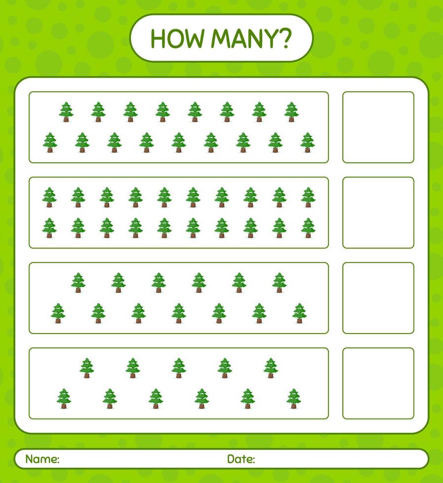 How many counting game with pine tree. worksheet for preschool kids, kids activity sheet vector