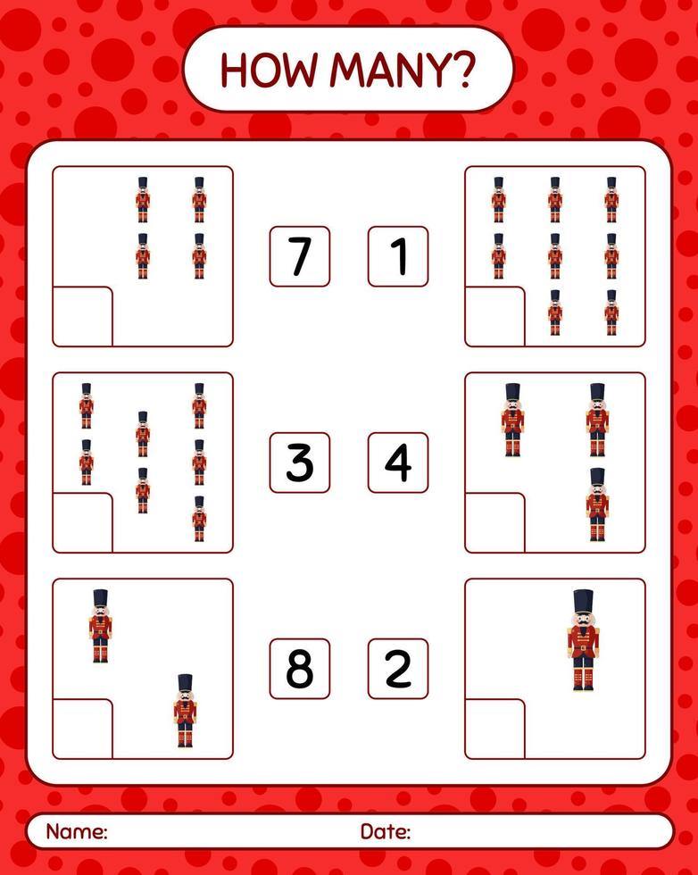 How many counting game with nutcracker. worksheet for preschool kids, kids activity sheet vector