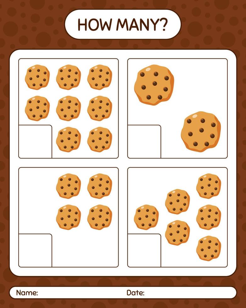 How many counting game with cookie. worksheet for preschool kids, kids activity sheet vector