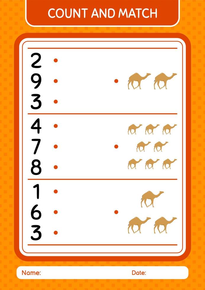 Count and match game with camel. worksheet for preschool kids, kids activity sheet vector