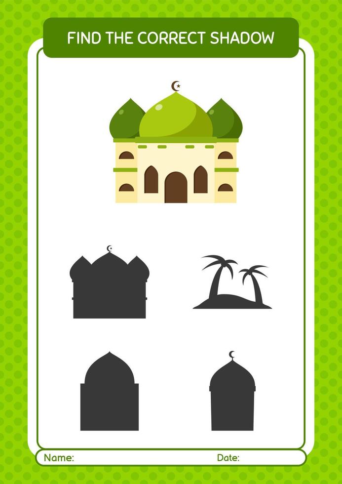 Find the correct shadows game with mosque. worksheet for preschool kids, kids activity sheet vector